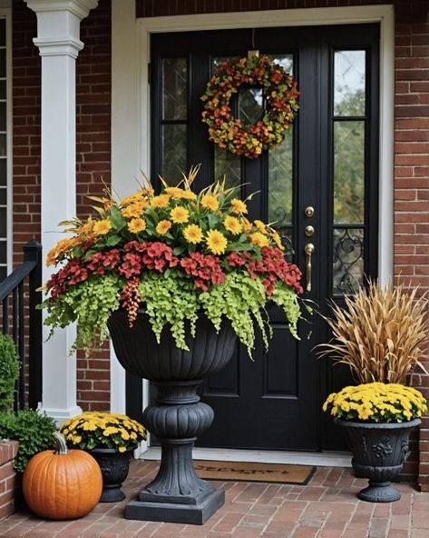 Mum Arrangements Fall Porch, Fall Porch Flowers, Fall Planters Outdoor, Fall Planters Front Porches, Front Porch Planter Ideas, Fall Planter Ideas, Mum Planters, Porch Planter Ideas, Porch Planter