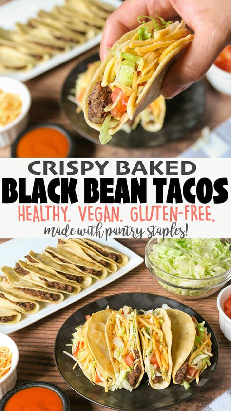 Skip the store and make these Crispy Baked Black Bean Tacos with just a few pantry staples! These tacos are a Low-Fat, Vegan, Gluten-Free, Easy 30-minute meal! Click for the full detailed recipe and video! #30minutemeals #veganrecipes #tacos #blackbeans #vegetarianrecipes #mexicanfoodrecipes Meatless Tacos Recipes, Baked Black Bean Tacos, 30 Minute Meals Easy, Black Bean Tacos, Cookies Gluten Free, Bean Tacos, Healthy Tacos, Healthy Food Facts, Vegetarian Dinners