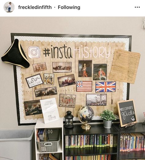 Insta history bulletin board History Themed Bulletin Boards, Elementary Social Studies Bulletin Board, Us History Posters Classroom, History Class Bulletin Boards, Science And Social Studies Bulletin Board, Social Studies Classroom Bulletin Boards, Apush Classroom Decor, Classroom History Decorations, 6th Grade History Classroom Decor