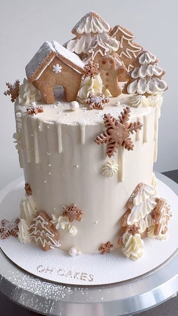 Cake With Gingerbread House, Christmas Drip Cake Ideas, Christmas Birthday Decor Ideas, Gingerbread Theme Cake, Winter Themed Cakes Birthday, Winter Baby Shower Cakes Girl, December Birthday Cakes, December Birthday Cake Ideas, Winter First Birthday Cake