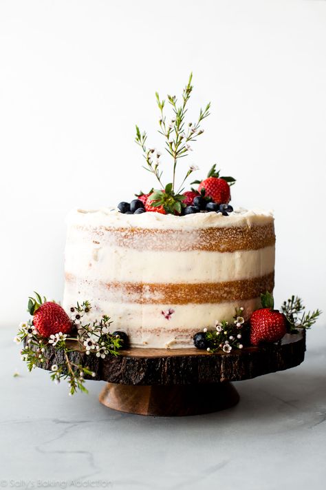 Vanilla Naked Cake | Sally's Baking Addiction Cake With Fresh Berries, Homemade Wedding Cake, Homemade Vanilla Cake, Halloween Cookies Decorated, Naked Cakes, Homemade Vanilla, Vanilla Buttercream