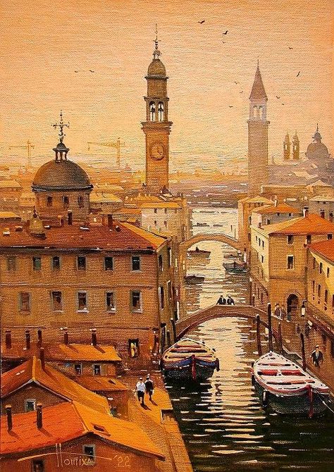 Rooftop View, Venice Painting, Charcoal Art, Retro Modern, Painting Illustration, Oil Painting On Canvas, Painting On Canvas, Beautiful World, Big Ben