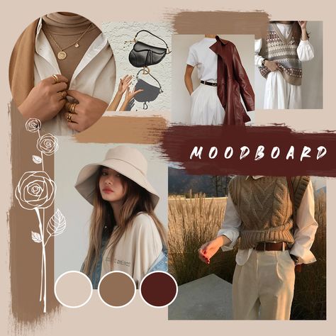 Autumn Mood Board Fashion, Look Board Fashion Layout, Fashion Mood Boards Layout, Brown Moodboard, Earth Tones Fashion, Mood Board Layout, Fashion Trending Moodboard, Fashion Trend Board, Portfolio Fashion