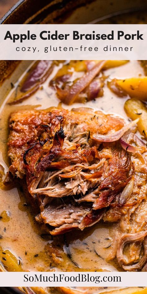 This Apple Cider Braised Pork Shoulder is an easy one-pot dinner recipe that is so cozy and perfect for the fall months. Tender pork cooked low and slow in a bath of fresh apple cider, onions, apples, and fresh herbs. Pork Apples Onions, Apple Cider Pulled Pork Bowls, Pork And Cider Recipes, Pork Loin Apple Cider, Apple Cider Pork Roast Dutch Oven, Apple Braised Pork, Apple Cider Braised Pork Shoulder Instant Pot, Cider Braised Pork Shoulder, Large Family Recipes Dinners