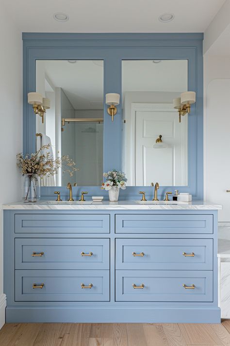 13 Stunning Blue Bathroom Ideas For A Refreshing Look - DreamyHomeStyle Aqua Blue Bathroom Ideas, Best Blue Bathroom Cabinet Paint Colors, Blue Bathrooms Ideas, French Blue Bathroom, Light Blue Vanity, Colors For Bathrooms, Light Blue Bathroom Ideas, Guests Bathroom, Blue Bathroom Ideas