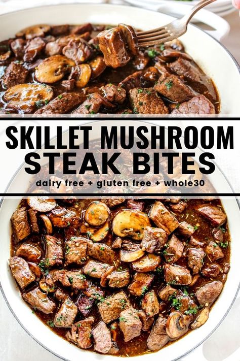 I am obsessed with these tender steak bites swimming in a savory mushroom gravy! I cannot rave about this incredible entree enough. Serve it over mashed potatoes for a meal that will make you oh so happy! Mushroom Steak Bites, Tender Steak Bites, Spicy Chicken Bites, Mushroom Steak, Healthy Steak, Steak Bites Recipe, Over Mashed Potatoes, Sweet And Spicy Chicken, Tender Steak