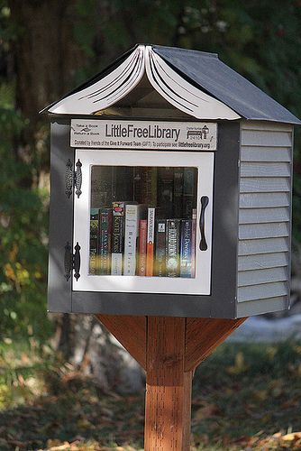 Run a Little Free Library outside your home. The Little Free Library is an organization that promotes literacy and community in towns. Their system is to have volunteers build and maintain little libraries where passersby can "take a book, leave a book." http://littlefreelibrary.org/ (Spokane, WA #2410) Little Free Library Plans, Tiny Library, Street Library, Library Plan, Library Inspiration, Lending Library, Mini Library, Community Library, Book Exchange