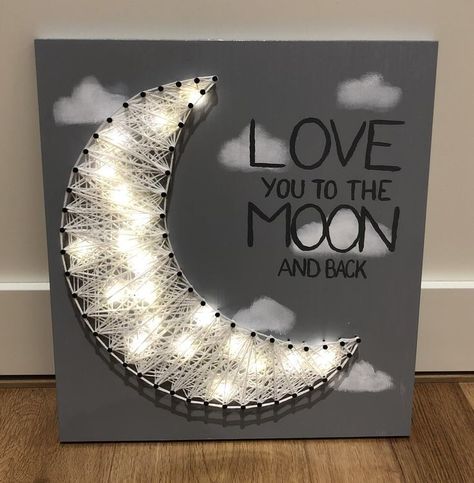 String Art Moon And Stars, Love You To The Moon And Back Craft, How To Do String Art, Moon Diy Decor, Couples Art Projects Diy, Diy Moon Light, Couple Diy Projects Craft Ideas, Couple Arts And Crafts Ideas, Free String Art Patterns