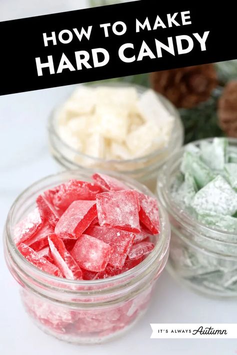 Learn how to make hard candy in your favorite flavors with this easy to follow recipe. You don't even need a candy thermometer! It's simple enough that your kids can help make it, and the finished candy makes a great gift. Homemade Butterscotch Candy, Food To Make To Sell, Home Made Candy Easy, Homemade Jolly Ranchers, Christmas Candies Homemade, Easy Bake Sale Treats, Homemade Hard Candy, Candy Molds Recipes, Hard Candy Recipe