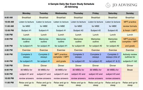 How to Pass the Bar Exam: Create a Daily Bar Exam Study Schedule Creating A Study Timetable, Schedule For Exam Preparation, Bar Exam Study Schedule, Law School Study Schedule, Board Exam Study Schedule, Bar Exam Prep Aesthetic, Daily Study Timetable, Exam Schedule Template, Study Routine Schedule For Exam