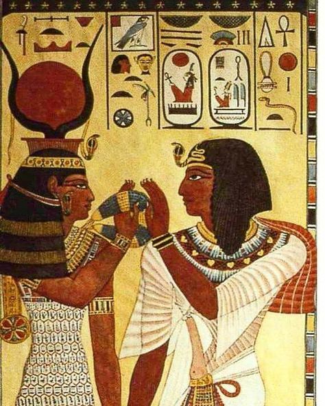 Goddess Hathor offers her necklace to the Pharaoh SETI 1 Ancient Egypt Aesthetic, Queen Nefertari, Egyptian Aesthetic, Goddess Hathor, Ancient Egypt Gods, Egypt Aesthetic, African Arts, Egyptian Inspired, Ancient Egypt Art