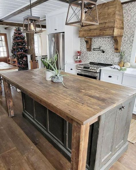 Embracing the Rustic Charm: Farmhouse Kitchen Design Ideas Uneven Kitchen Island, Farm Kitchen Island Ideas, Large Rustic Kitchen Island, Island With Farmhouse Sink And Dishwasher, Horseshoe Kitchen Island, Large Rustic Kitchen Island With Seating, Barndominium Kitchen Island, Rustic Farmhouse Island Kitchen, Natural Wood Kitchen Island Rustic