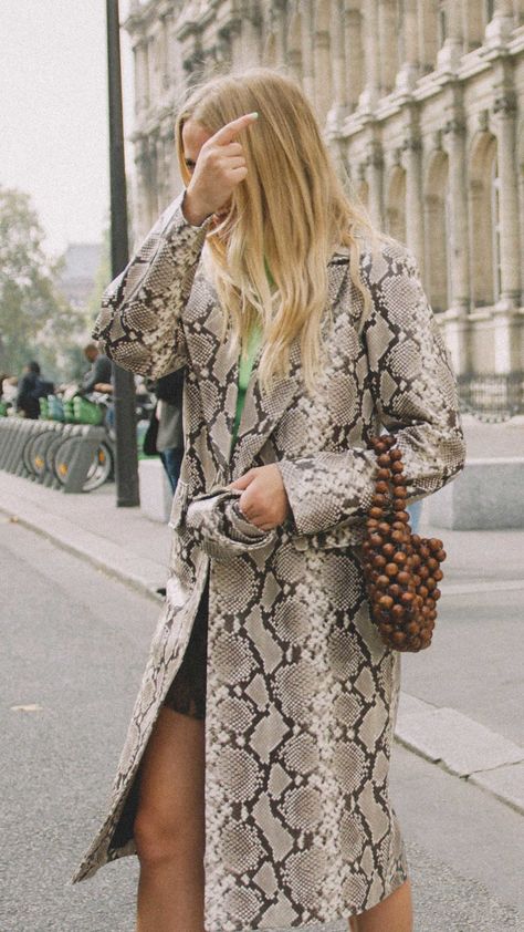 11 ways to wear snake print! CLICK TO SHOP OUTFITS!  snake print coat street style Paris Snakeskin Coat Outfit, Snake Print Jacket Outfit, Snake Print Dress Outfit, Snake Outfits, Snake Print Outfit, Jungle Outfit, Printed Outfits, Printed Dress Outfit, Activewear Photoshoot