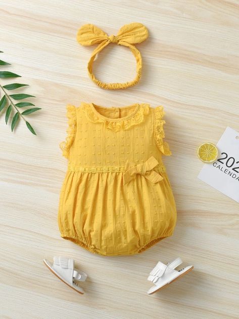 Baby Bow Front Contrast Lace Bodysuit With Headband | SHEIN USA Products Photography, Kids Frocks Design, Kids Frocks, Baby Bow, Yellow Pattern, Frock Design, Lace Bodysuit, Summer Baby, Baby Bows