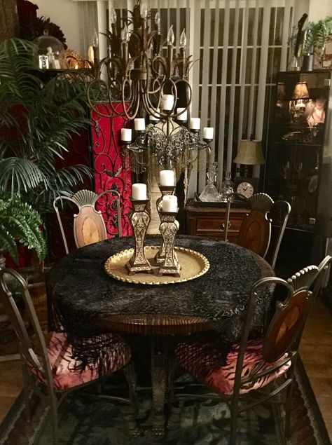 Gothic Dining Room Aesthetic, Gothic Dinning Room Ideas, Gothic Dining Table Decor, Dark Vintage Dining Room, Goth Dining Table, Dark Academia Dining Table, Whimsical Goth Kitchen, Grunge Dining Room, Whimsigoth Dining Room