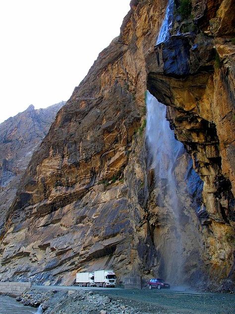 Waterfall washing all cars and trucks passing by a mountain road, Pamir Mountains, Tajikistan Tuwaiq Mountain, Mountain Love, Himalayan Mountain Range, Turkmenistan Landscape, Tian Shan, Shishapangma Mountain, Pamir Mountains, Zagros Mountains Iran, Dangerous Roads