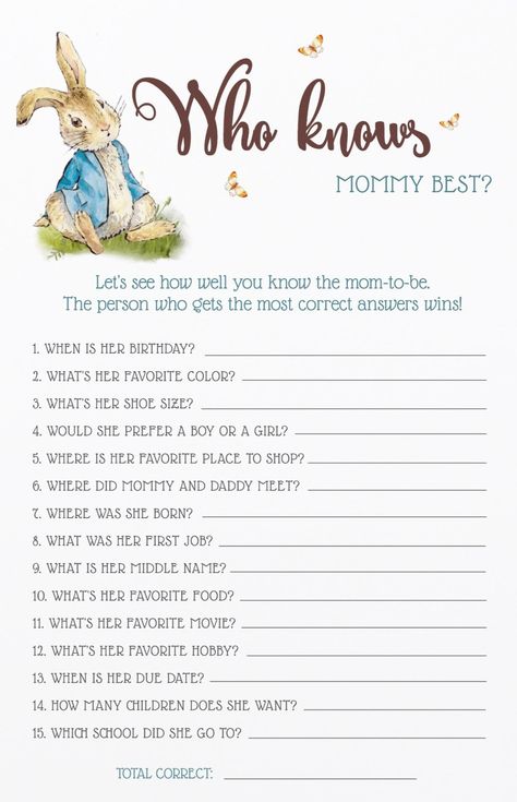 Who knows mommy best? Cute Peter Rabbit game cards for spring time baby showers. Baby shower games ideas. afflink Peter Rabbit Baby Shower Invitations, Fairytale Baby Shower, Angel Baby Shower, Kate Baby, Easter Baby Shower, Baby Shower Game Cards, Bunny Baby Shower, Baby Shower Favors Girl, Sprinkle Baby Shower