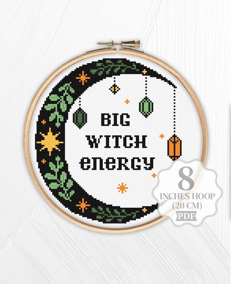 Witchy Moon with stars and crystals Cross stitch pattern PDF for instant download. Summer or Autumn embroidery design for beginners. Title: 322 Big witch energy Pattern size: 105h x95w stitches It is 7.6" x6.8" or 19.2 x17.2 cm for 14-count canvas Hoop: 8" or 20 cm DMC embroidery floss (5 colors) You will receive: *Colorful symbols chart *Description *Floss list Please feel free to ask me details about this design! Thank you!  I'll appriciate for share my listings at social media. Cross Stitch Crystal, Cross Stitch Patterns Beginner, Witchy Cross Stitch Patterns, Witchy Cross Stitch, Witchy Designs, Witch Energy, Witch Cross Stitch Pattern, Moon Cross Stitch Pattern, Witch Cross Stitch