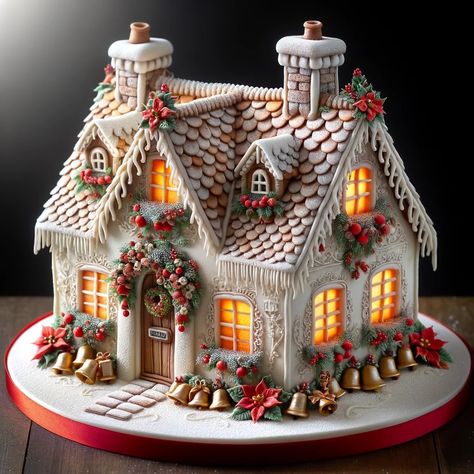 Christmas Cake House, Elaborate Gingerbread Houses, Beautiful Christmas Cakes, Cool Gingerbread House Ideas, House Cake Ideas, Gingerbread Houses Ideas, Gingerbread Farmhouse, Gingerbread House Art, Gingerbread House Cake