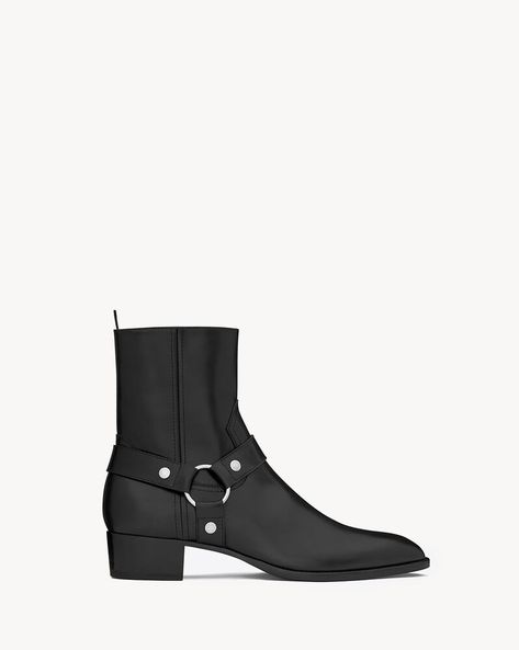 Wyatt harness boots in smooth leather | Saint Laurent | YSL.com Wyatt Boots, Chelsea Boots Men Outfit, Boots Men Outfit, Crossbody Bags For Travel, Harness Boots, Chelsea Boots Men, Card Case Wallet, Loafer Mules, Boot Pumps