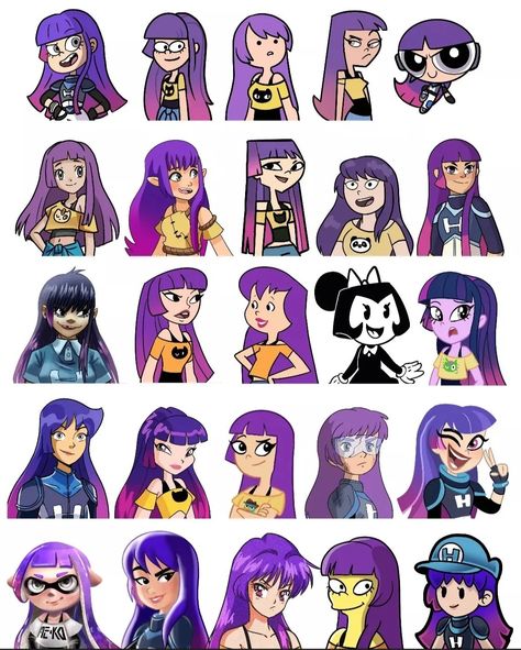 Purple Hair Pfp Cartoon, Different Cartoon Styles, Purple Cartoon Characters, Cartoon Ideas, Different Drawing Styles, Gorillaz Fan Art, Drawing Face Expressions, 2000s Cartoons, Art Style Challenge