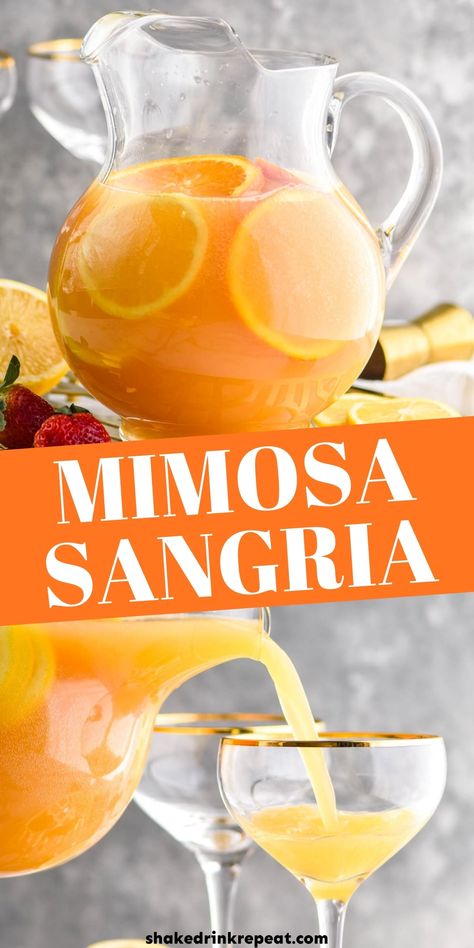 Cute Breakfast Drinks, Mimosa Ideas Brunch Recipes, Mini Mimosa Bar, Breakfast Mimosa Recipe, Breakfast Sangria Brunch, Pitcher Mimosa Recipe, Brunch Drinks Non Alcoholic Breakfast, Make Ahead Mimosa Recipe, Breakfast Beverages Alcohol