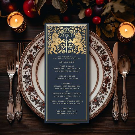 Gold Royal Lion Medieval Sword Wedding Flat Menu Celebrate your special day with this medieval fantasy wedding design. The gold featured in this design is not real foil. Swipe to see the available colors. For more invitations and gifts our Zazzle shop #linkinbio #Zazzlemade #weddingstationery #weddingplanner #weddingplans #weddinginspiration #weddinginspo #elegantwedding #weddingtrends #weddingsuite #weddingideas #weddingmenus #weddingmenu #zazzlestore #createeveryday #zazzle #smallbrand ... Medieval Fantasy Wedding, Lion Medieval, Tomato Bisque Soup, Beef With Mushroom, Gothic Wedding Theme, Lemon Dill Sauce, Raspberry Mousse, Tomato Bisque, Goth Wedding