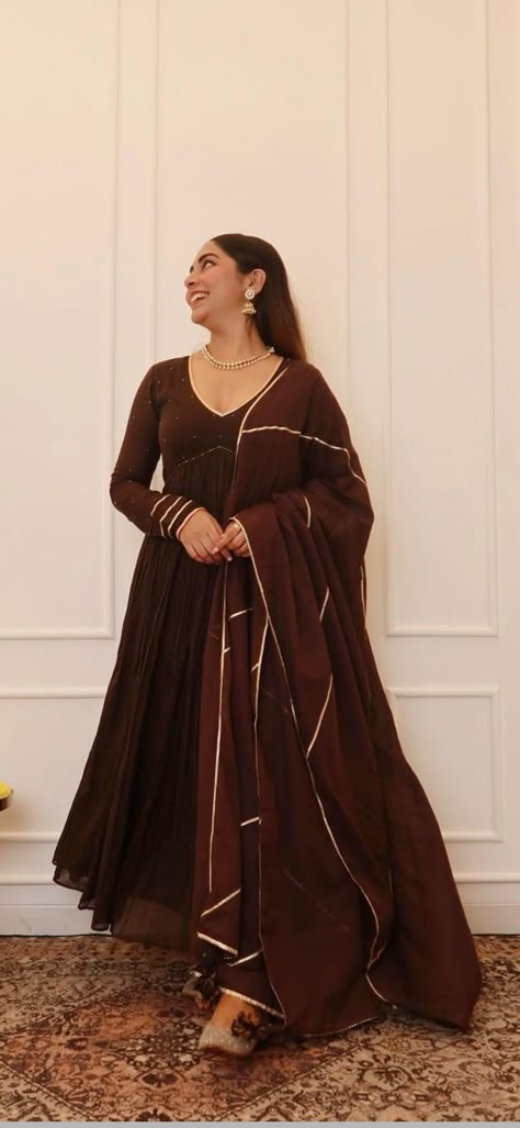 Back Less Anarkali Dress, Brown Anarkali Dress, Frock Suit Anarkali, Brown Anarkali, Straight Kurti Designs, Frock Designs For Women, Cotton Anarkali Suits, Suits For Women Indian, Indian Dresses For Women