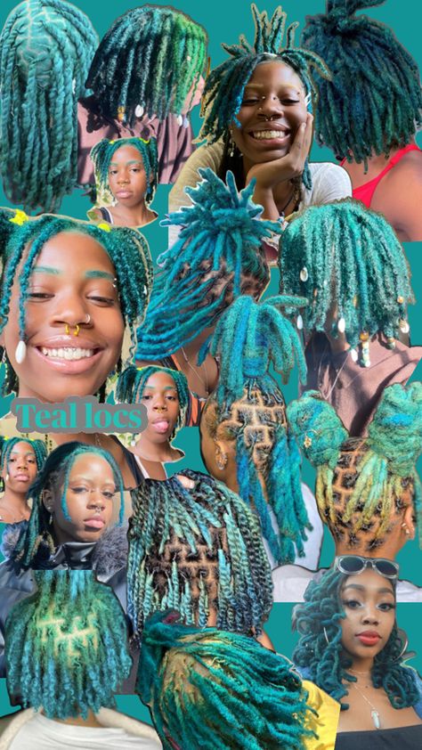 Teal locs Teal Locs, Dyed Locs, Colored Dreads, Best Hair Dye, Beautiful Black Hair, Cute Hair Colors, Short Locs Hairstyles, Dreadlock Style, Dreadlock Styles