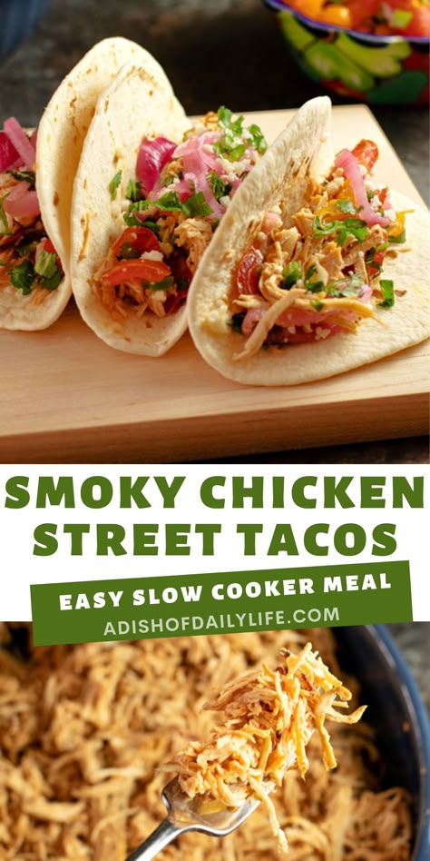 Slow Cooker Smoky Chicken Street Tacos Slow Cooker Chicken For Tacos, Tacos For A Crowd Parties, Chicken Tacos For A Crowd, Chicken Taco Crockpot, Chicken Thigh Tacos, Chicken Tacos Slow Cooker, Crockpot Taco Chicken, Taco Bar Menu, Soft Chicken Tacos