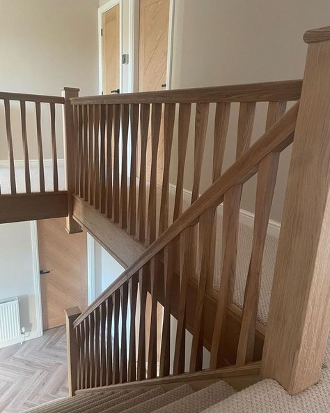 Oak staircase balustrade featuring square twist spindles Spiral Staircase Loft, Staircase Balustrade, Modular Staircase, Stairs Cladding, Staircase Manufacturers, Oak Spindles, Staircase Kits, Rustic Staircase, Bespoke Staircases