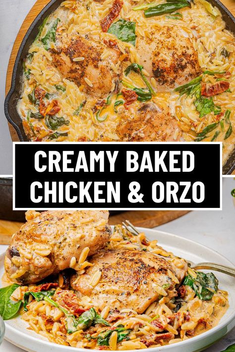 Looking for easy chicken orzo recipes? This creamy baked chicken and orzo is the ultimate one pot meal! Featuring juicy Italian seasoned chicken thighs, orzo pasta, sun-dried tomatoes, and artichokes, this flavorful dish comes together in 30 minutes. Perfect for a busy weeknight or a comforting family dinner! Try this simple, delicious recipe tonight! Chicken Thigh Sun Dried Tomatoes Recipes, Crock Pot Chicken And Orzo, Chicken Thigh Orzo Skillet, Chicken Chorizo Orzo Recipes, Creamy Ricotta Chicken And Orzo Skillet, Creamy Parmesan Orzo With Chicken And Asparagus, Orzo One Pot Meals, Chicken Spinach Tomato Orzo, Chicken Orzo Sun Dried Tomato