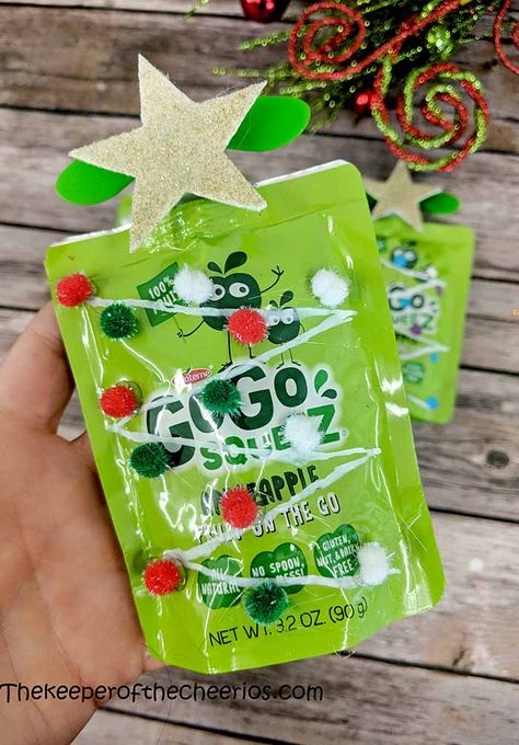 Non Food Christmas Gifts For School, Nut Free Christmas Treats For School, Pre Packaged Christmas Treats For School, Toddler Christmas Goody Bag Ideas, Applesauce Pouch Christmas, Christmas Goodie Bags For Daycare, Toddler Christmas Snacks For School, Kindergarten Christmas Snacks, Christmas School Treats Prepackaged