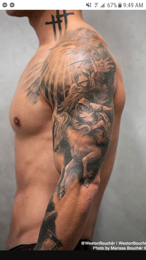 Chest And Upper Arm Tattoo, Arm Sleeve Realism, Shoulder Tattoo Men Greek Mythology, Roman Shoulder Tattoo, Tattoo On Traps Muscle, Sholdertatoos Man, Realism Shoulder Tattoo, Angel Shoulder Tattoo Men, Shoulder Arm Tattoo