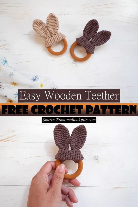 Crochet Wooden Teether Pattern Free, Crochet Teether Pattern Free, Wooden Teether Pattern, Crochet Bunny Ears, Teething Ring Pattern, Crochet Teether, Teether Pattern, Romantic Crochet, Bunny Ear Teether