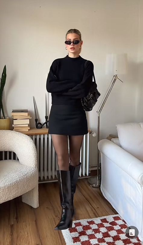 Skirt And Opaque Tights Outfit, Fall Fashion Knee High Boots, Nyc Fall Dinner Outfit, Little Black Dress Fall, Date Night No Heels, Formal Chic Outfit Women, Fall Fashion Going Out, Fall Outfits With Long Black Boots, Black Mini Dress Fall Outfit