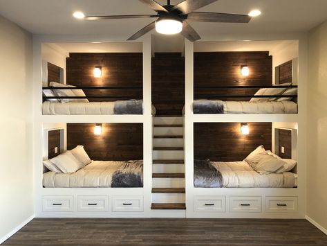 Custom Full Bunk Beds, Double Bunks Built In, Built In 4 Bunk Beds With Stairs, Twin Bed Bunk Room, Bunk Bed With Full Size Bed, Four Person Bunk Bed, 4 Bed Bunk Bed Built Ins, Basement Built In Bunk Beds, Bunk Bed Full Over Full