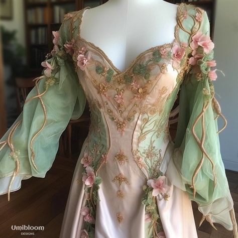 Fairy dresses by unibloom Titiana Queen Of The Fairies, Spring Court Fashion Acotar, Fantasy Spring Dress, Nature Goddess Dress, Whimsical Fairy Dress, Farie Dresses, Celtic Dress Wedding, Fantasy Nature Dress, Enchanted Forest Dresses