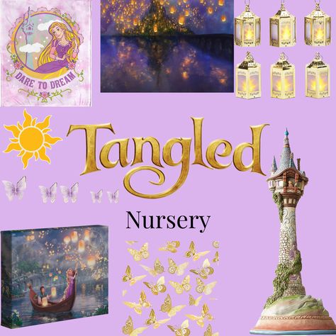 Rapunzel Room Aesthetic, Maeve Nursery, Rapunzel Nursery, Disney Princess Nursery Theme, Tangled Nursery, Disney Nursery Girl, Princess Nursery Theme, Rapunzel Room, Disney Dollhouse