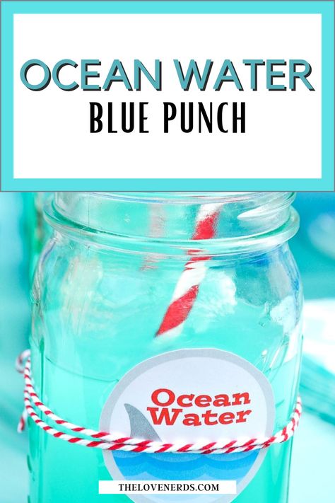 A simple yet flavorful Ocean Water Blue Punch! This large batch punch recipe is the perfect addition to any blue colored parties, such as a summer shark party! Blue Ocean Water Drink, Blue Hawaiian Punch Recipe Alcohol, Alcholic Drinks For A Party In A Pitcher Punch Bowls, Blue Punch For Kids, Ocean Water Alcoholic Drink, Pond Water Punch Recipe, Teal Punch Recipe, Blue Party Punch Non Alcoholic, Lake Water Punch