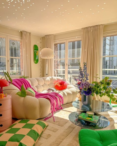 The sun is shining in @interiorbytim's dopamine decor filled apartment 🪩💫 This colorful home is the perfect marriage of contemporary accents and traditional French architecture, and we can't get enough. #dopaminedecor #colorfulhome #apartmentliving #apartmentinspo #myrealhome Colorful Maximalism, Uni House, Vibrant Living Room, Random Places, Colorful Apartment, Retro Living Rooms, Dream Apartment Decor, Studio Flat, Future Apartment Decor