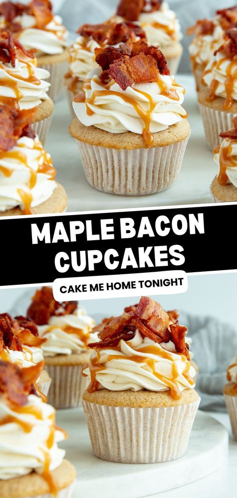 Bacon Dessert, Bacon Dessert Recipes, Maple Buttercream Frosting, Maple Desserts, Maple Bacon Cupcakes, Bacon Desserts, Savory Cupcakes, Homemade Cupcake Recipes, Bacon Cupcakes