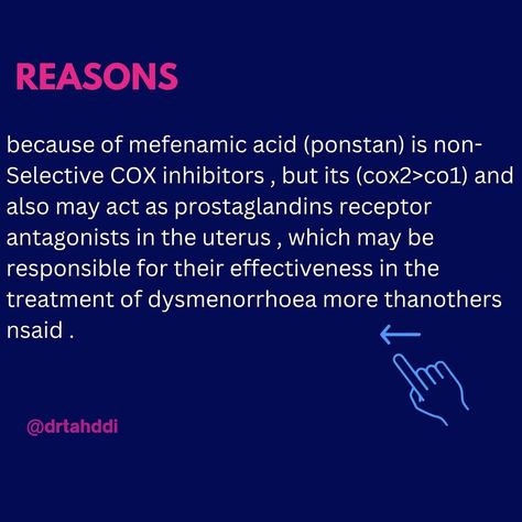 Why mefenamic acid consider best NSAIDs in primary dysmenorrhoea? Add me on Instagram for more medical lectures ,👉@drtahddi,👉or search the link in bio #pharmacology #pharmacy #dysmenorrhea #pharma #drtahddi Pharmacology Pharmacy, Mefenamic Acid, Pharmacology, Add Me, Pharmacy, Link In Bio, Acting, No Response, Medical