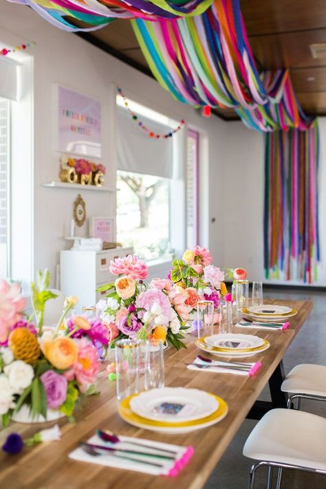 Lisa Frank-Inspired Rainbow Birthday Bash | The Perfect Palette How To Decorate Wedding Venue Walls, Inexpensive Party Ideas, Art Show Food Ideas, Party Decorations Apartment, Diy Flower Decorations, Multicolored Wedding, Modern Fiesta, Party Room Decor, Lisa Frank Inspired