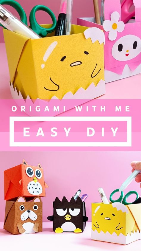 Paper Craft tutorial/How to Make Paper Pen Holder / DIY DESK ORGANIZER for School / Easy Paper Craft for School/Origami Pen Holder /Origami Pencil Holder / Origami Pen box / DIY paper pen holder / Easy Origami box tutorial /Easy Crafts for Kids / Pencil Holder / Paper Pencil Stand / DIY Desk Organizer | Paper Crafts for Beginners /Paper Stand Tutorial /癒される 簡単折り紙 ペンスタンド:ぐでたま How To Make Pen Stand With Paper, Paper Craft Pencil Holder, Diy Cartoon Box Paper Crafts, Paper Pen Holder Diy, Origami Pen Stand, Pen Stand With Paper, Diy Paper Pencil Holder, Origami Desk Organizer, Origami Pen Holder