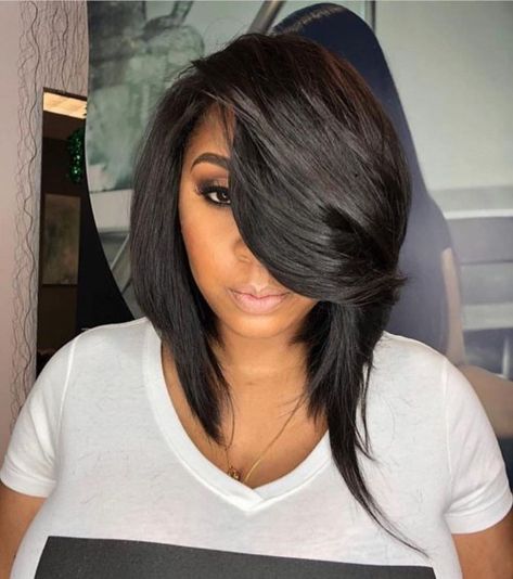 Chic Asymmetrical Comb Over Lob Black Bob Hairstyles, Bob Black, Easy Hairstyles For Medium Hair, Bob With Bangs, Black Hairstyles, Short Hair Styles Easy, Easy Hairstyles For Long Hair, Haircuts With Bangs, Long Wigs