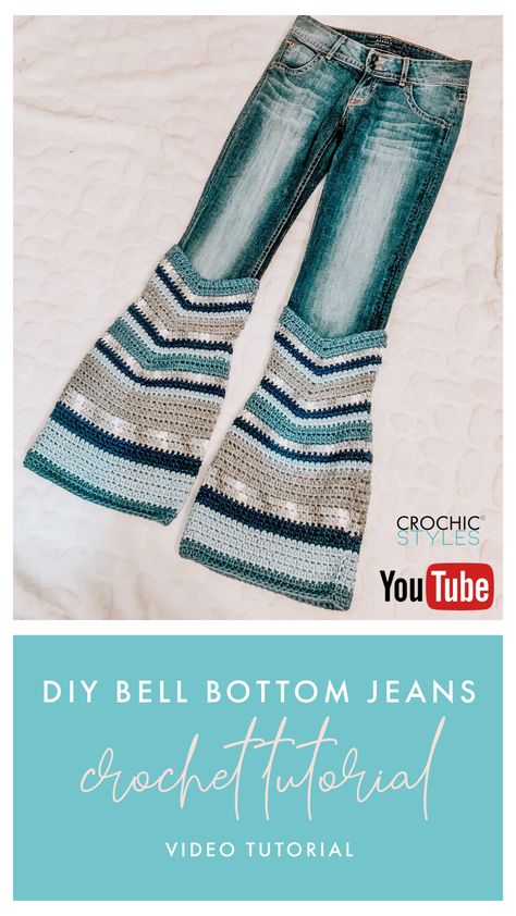 Learn how to make your own crochet bell bottom jeans. This is perfect for a fun outing with friends and to a music festivals. Watch this quick and easy beginner friendly tutorial to make your own pair of jeans! Crochet Bottom Jeans, Crochet Ripped Jeans, Crochet On Jeans Pants, Upcycled Crochet Jeans, Jeans With Crochet Ideas, Add Crochet To Jeans, Adding Crochet To Jeans, Crochet Bell Bottoms Pattern, Crochet For Festivals