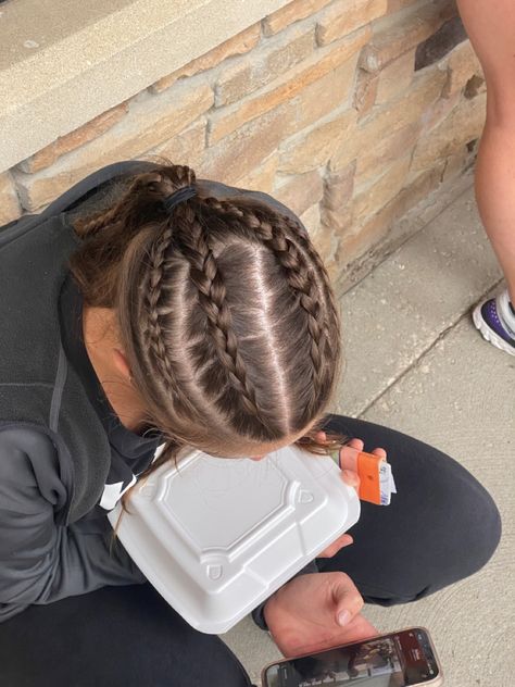 4 Braids Into A Ponytail, Braided Hairstyles Low Ponytail, Braided Hairstyles For Dance Practice, Different Dutch Braid Styles, Four Braids Into Ponytail, 4 Dutch Braids Into Ponytail, Fun Track Hairstyles, Athletic Braids Hairstyles, Wrestling Hairstyles For Short Hair