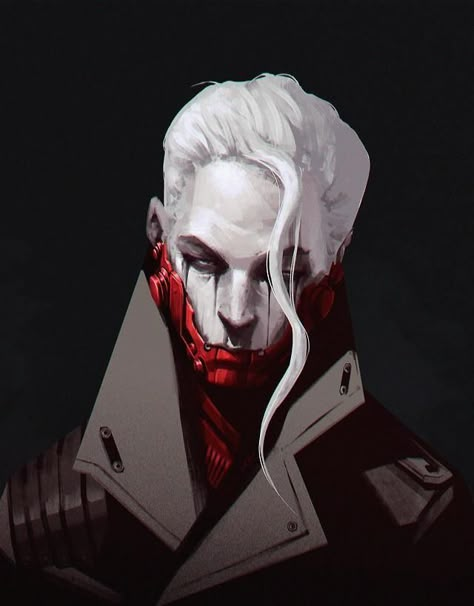 White Hair, A Black, Cyberpunk, Digital Painting, A Man, Red, Hair, White, Black