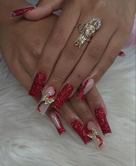 Red Quince Nails Medium Length, Red Nails Quinceanera, Red Nails Extra, Red Nails Butterfly, Red Rhinestone Acrylic Nails, Red And Silver Nails For Prom, Red Prom Nail Ideas, Medium Red Nails, Red Blinged Out Nails